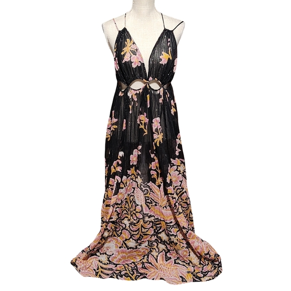 BY ANTHROPOLOGIE Cutout Maxi Dress Womens Medium Black Boho Metallic Resort - Picture 3 of 12